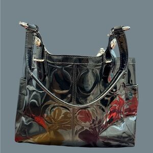 Coach Black embossed patented leather tote purse f15246